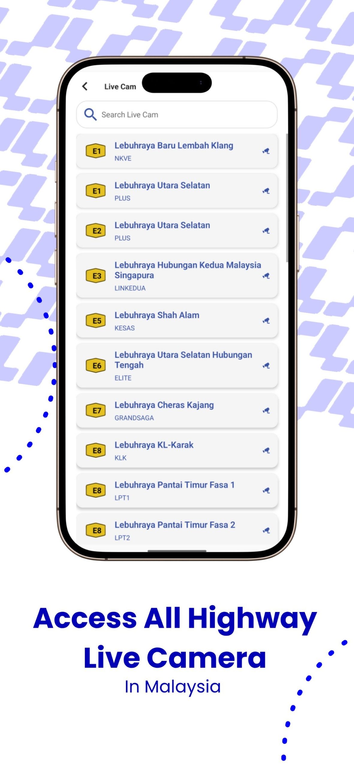 Tangkapan skrin app TuJu dengan senarai kamera langsung lebuh raya di Malaysia
