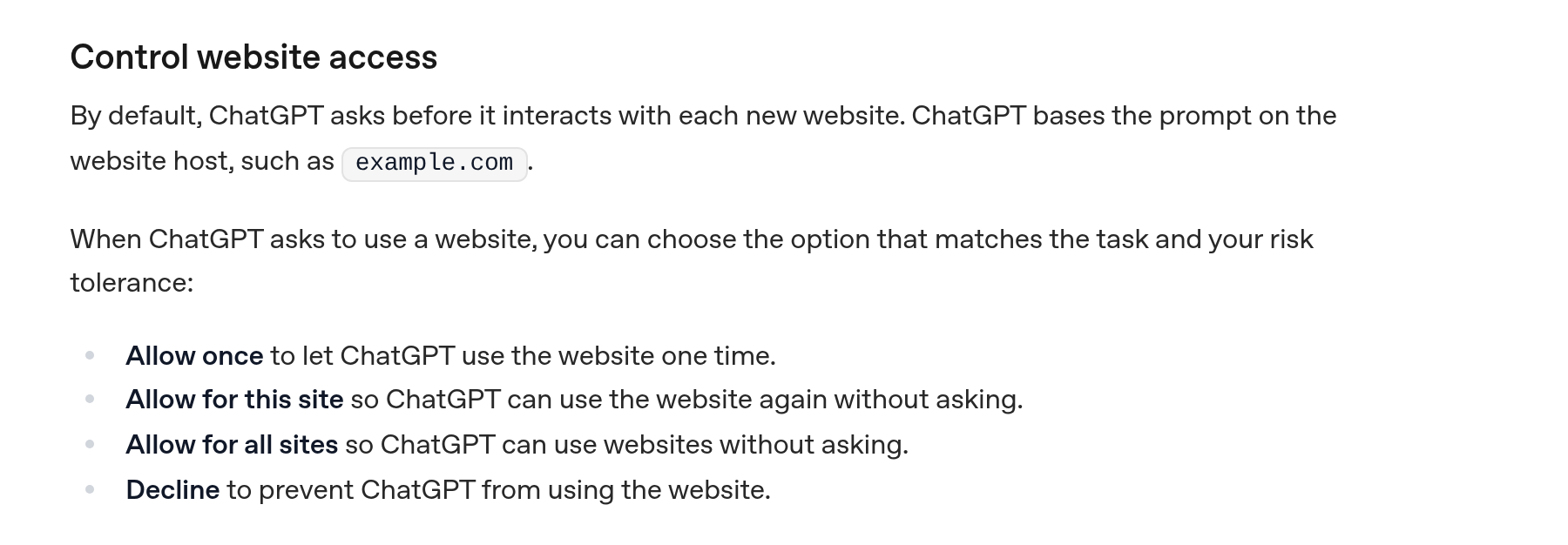 Bahagian Control website access dalam dokumen OpenAI dengan pilihan Allow once, Allow for this site, Allow for all sites dan Decline