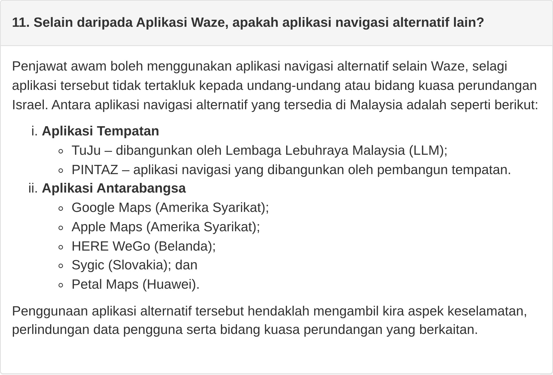 Jawapan soalan 11 dalam FAQ larangan Waze di laman NACSA
