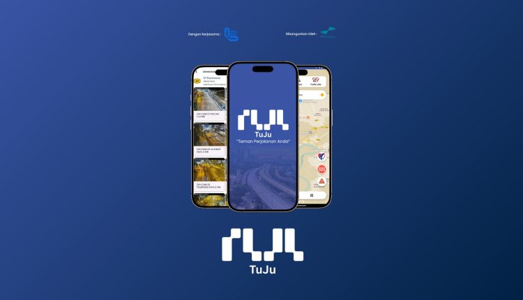 Logo TuJu dan paparan app TuJu pada tiga telefon